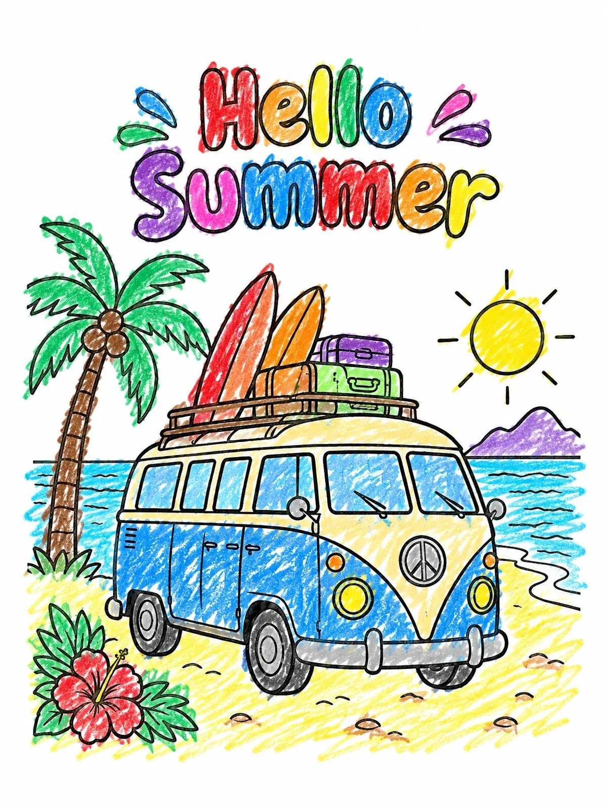 Colored example of the Hello Summer Beach Camper Van coloring page