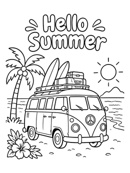 Free printable Hello Summer Beach Camper Van coloring page