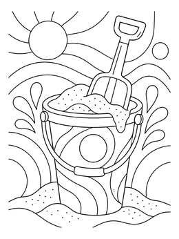 A sunny hello summer coloring page with a sand bucket and shovel at the beach.