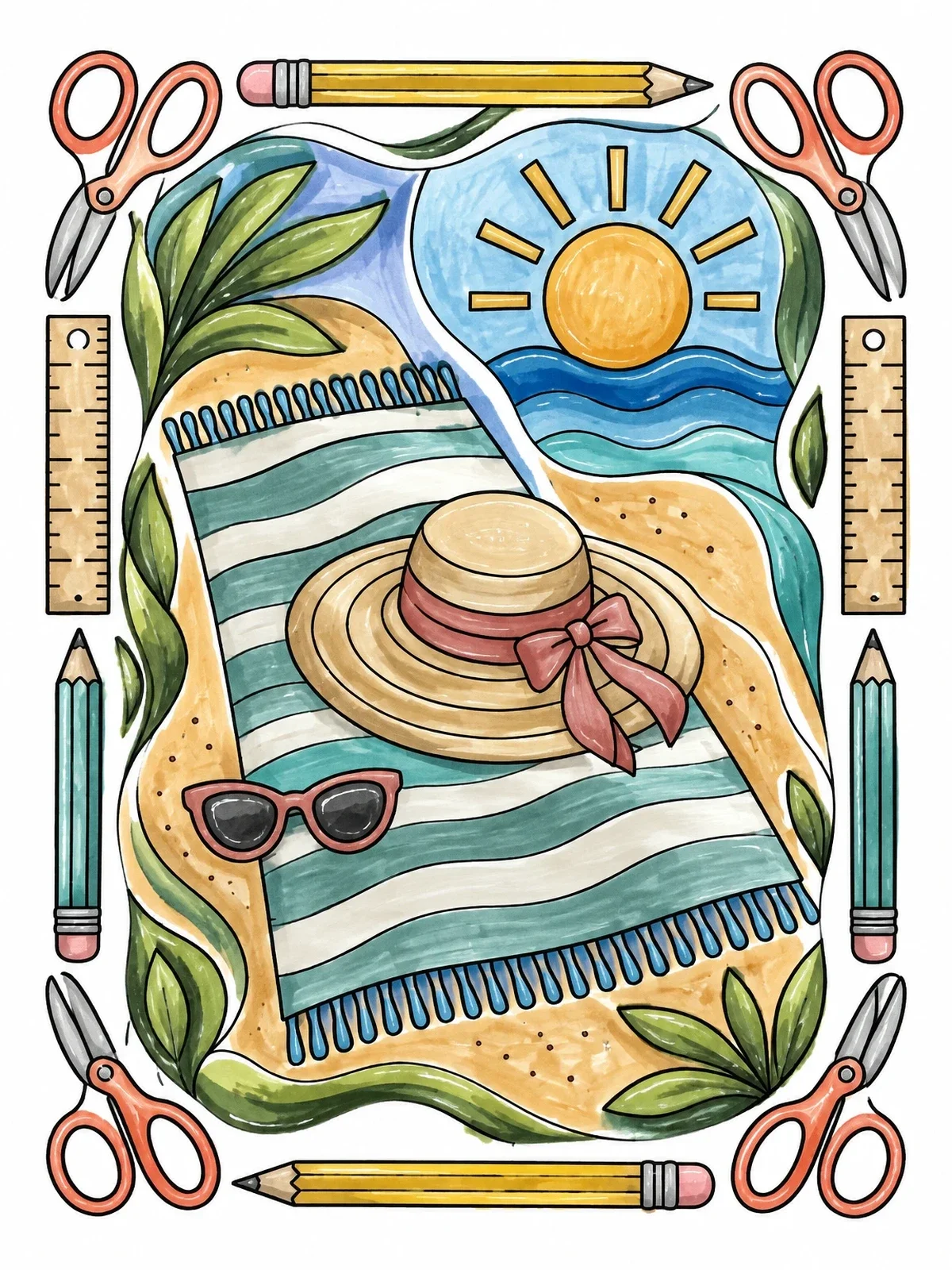 Colored example of the Beach Towel And School Supplies Frame coloring page