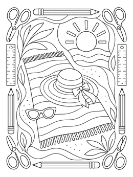 Free printable Beach Towel And School Supplies Frame coloring page