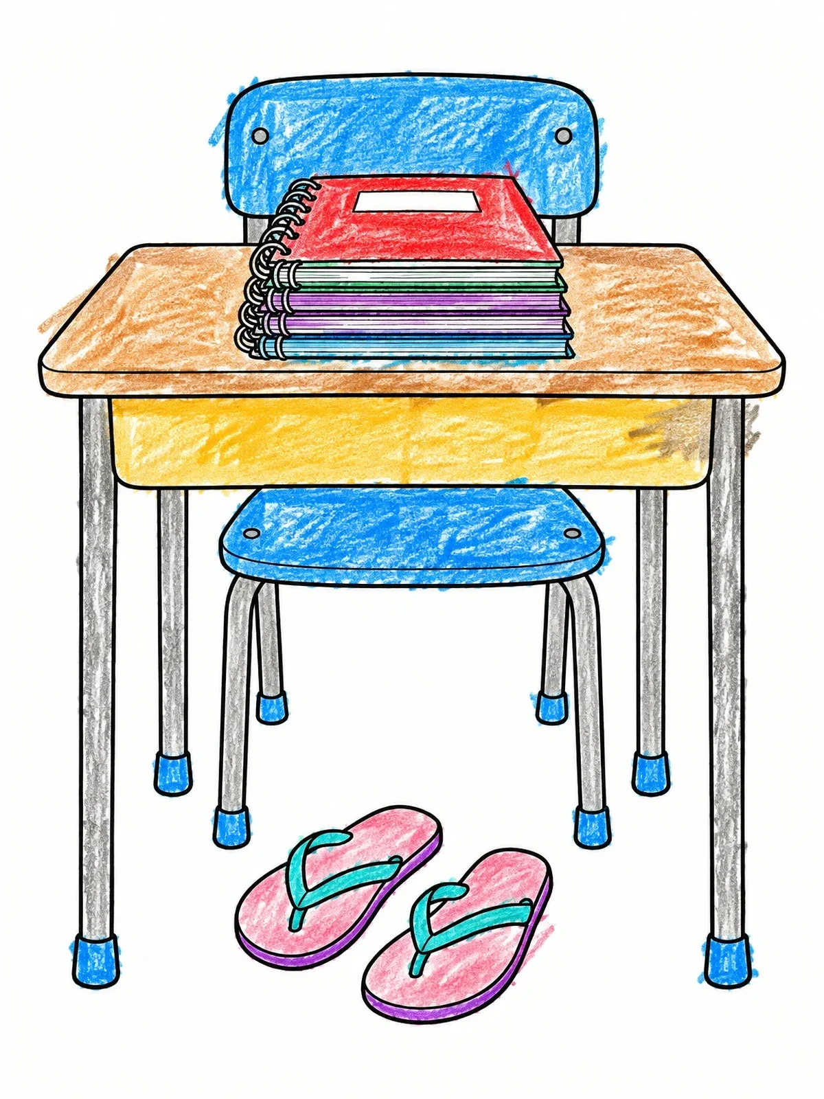 Colored example of the Classroom Desk With Flip Flops And Notebooks coloring page