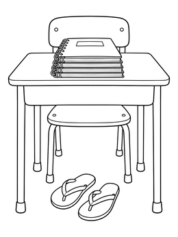 A classroom desk stacked with notebooks and sandals on this hello summer coloring page.