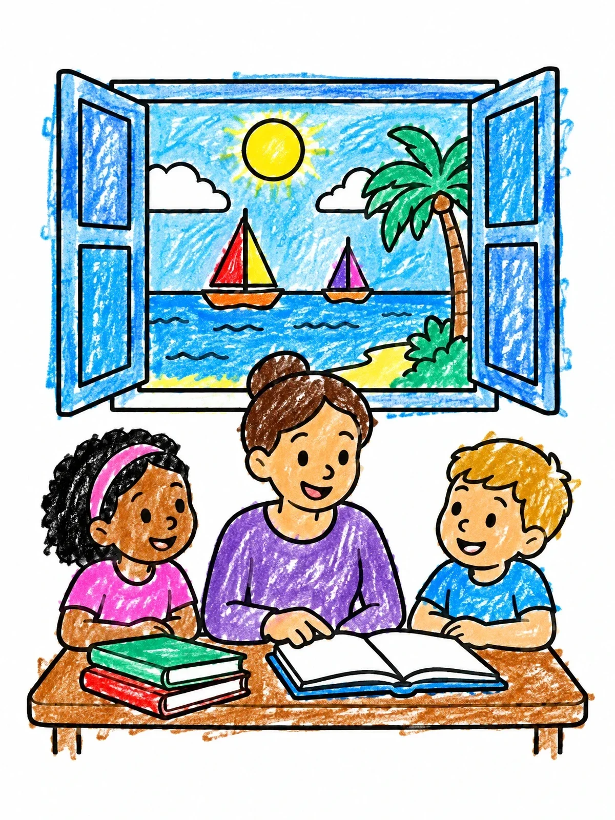 Colored example of the Summer Classroom By The Beach coloring page
