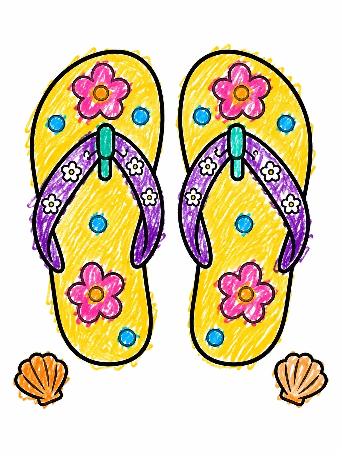 Colored example of the Floral Summer Flip Flops With Seashells coloring page