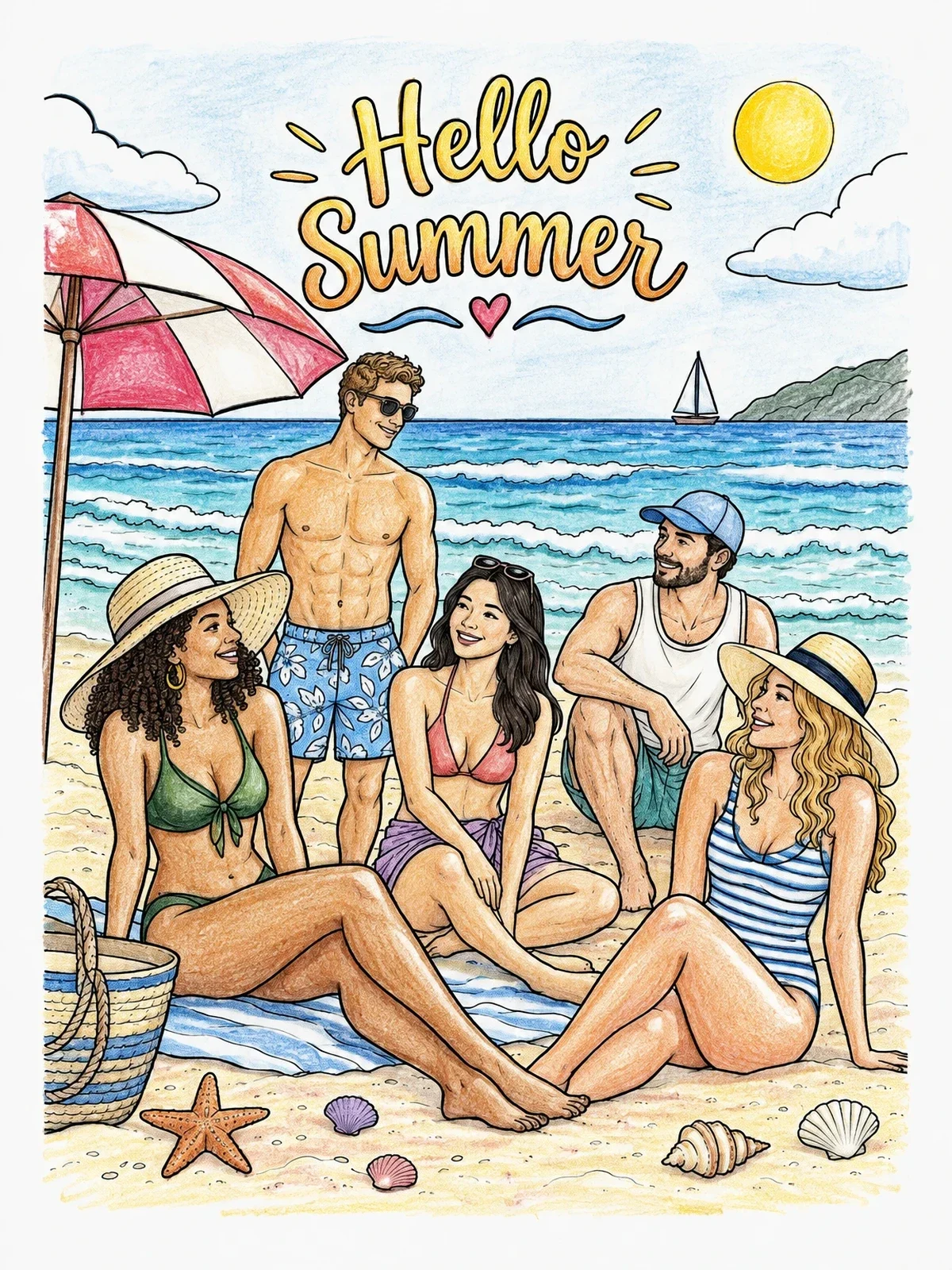 Colored example of the Friends Relaxing On Summer Beach coloring page