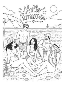 Free printable Friends Relaxing On Summer Beach coloring page
