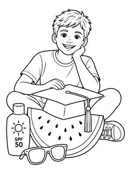 A smiling boy with graduation cap and watermelon in a hello summer coloring page.