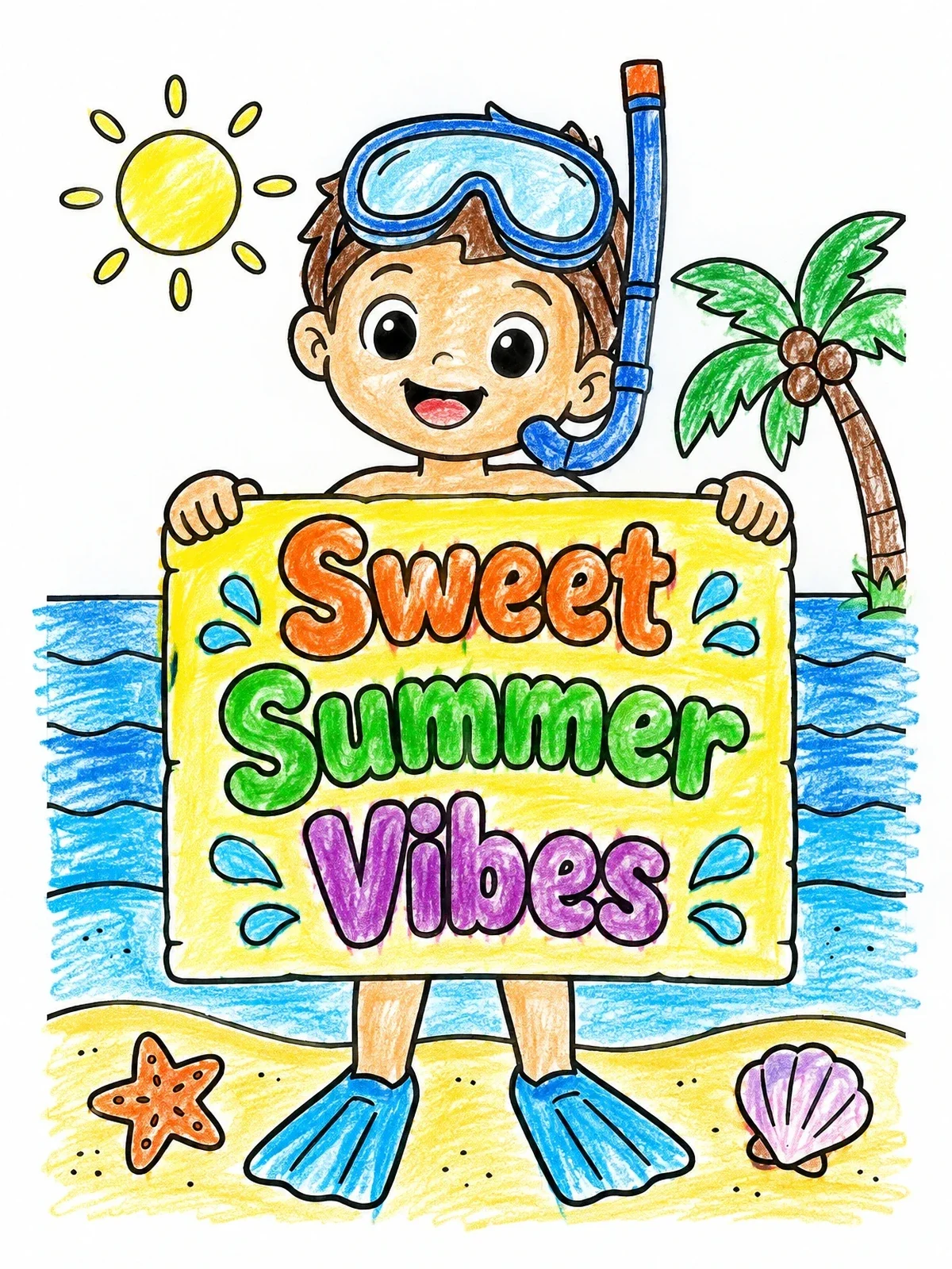 Colored example of the Snorkeling Boy With Summer Sign coloring page
