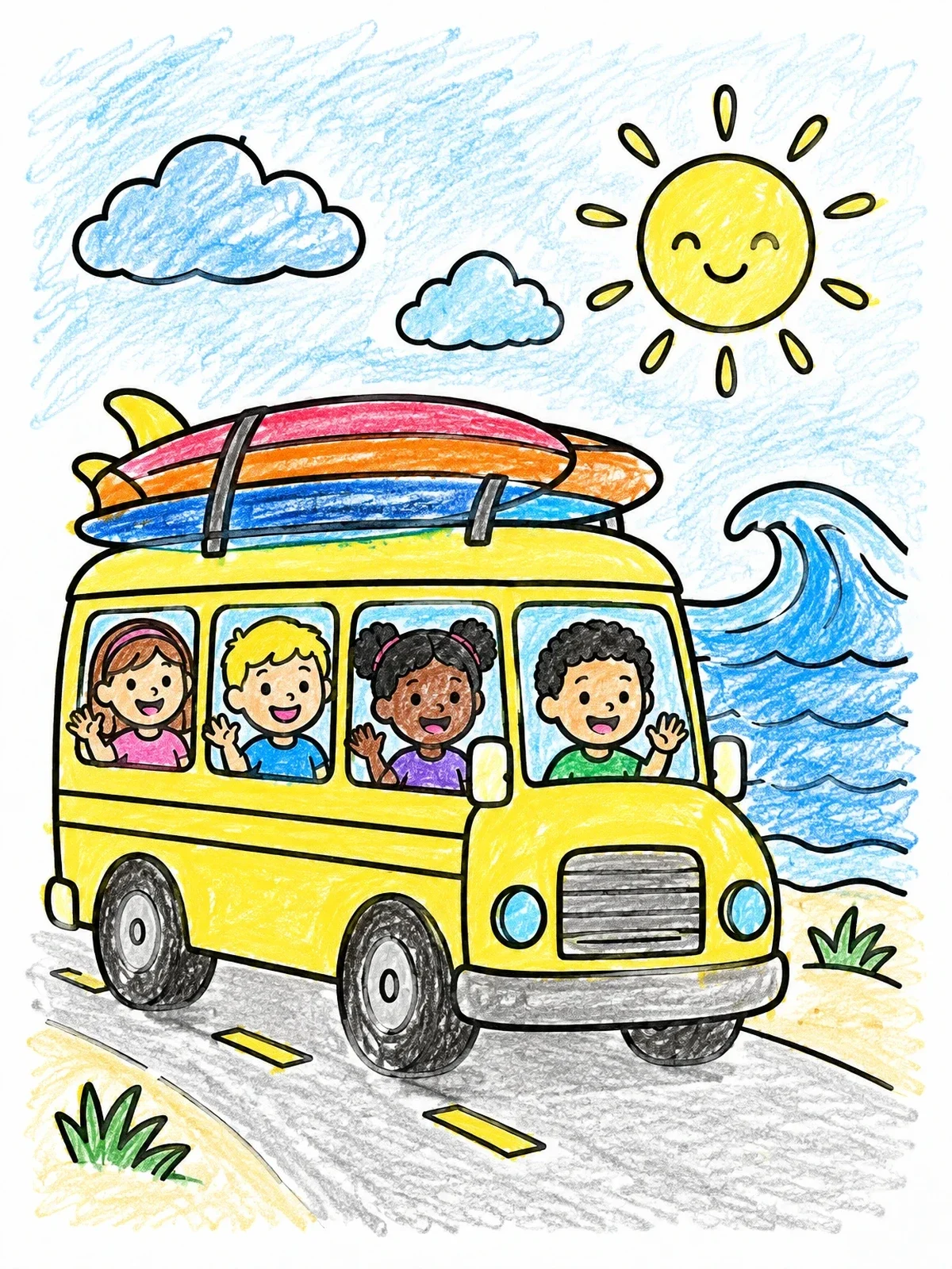 Colored example of the Summer Beach Bus With Kids coloring page