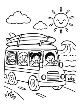 Free printable Summer Beach Bus With Kids coloring page