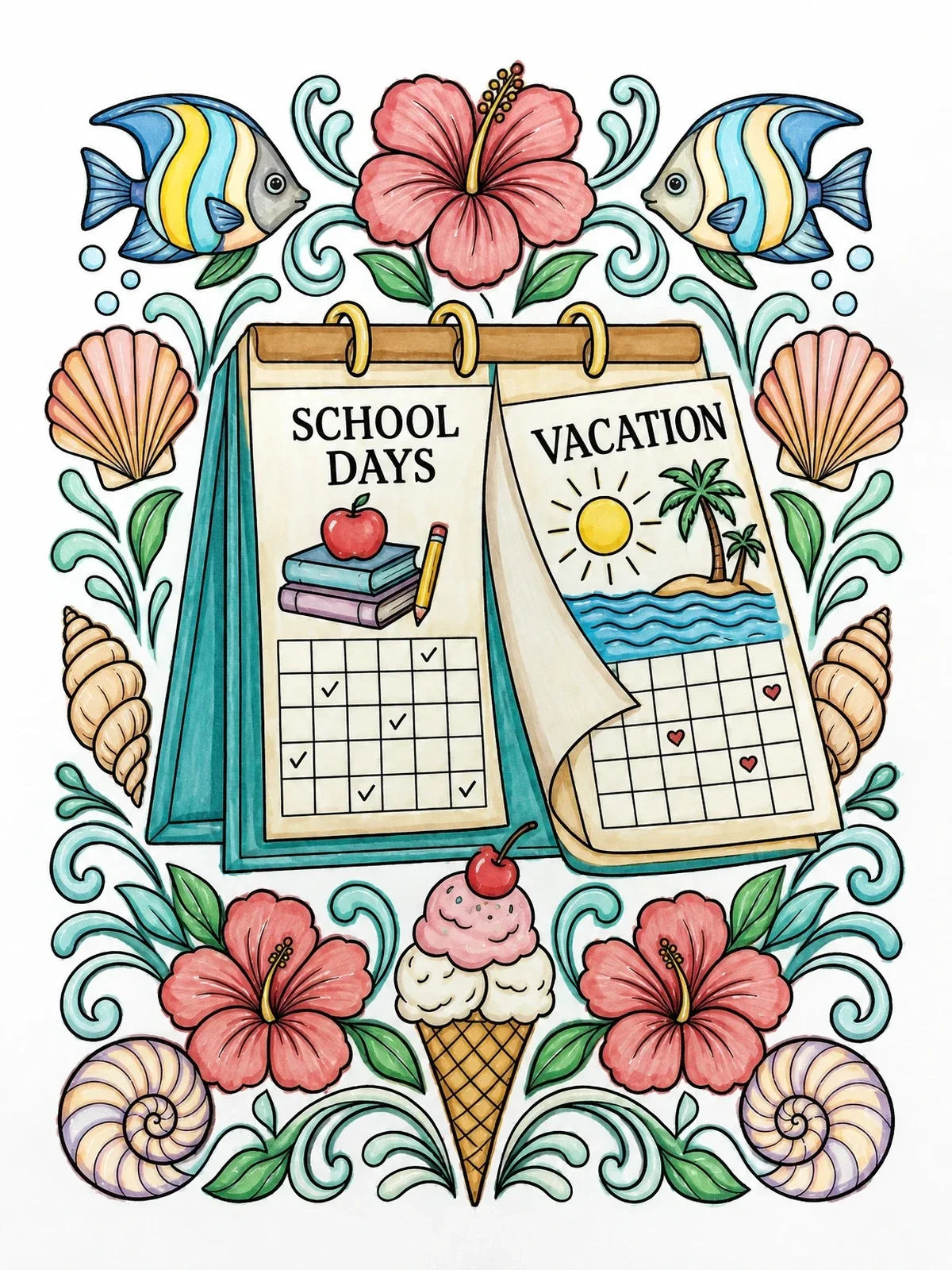 Colored example of the Summer Vacation Calendar With Tropical Flowers coloring page