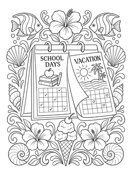 Free printable Summer Vacation Calendar With Tropical Flowers coloring page