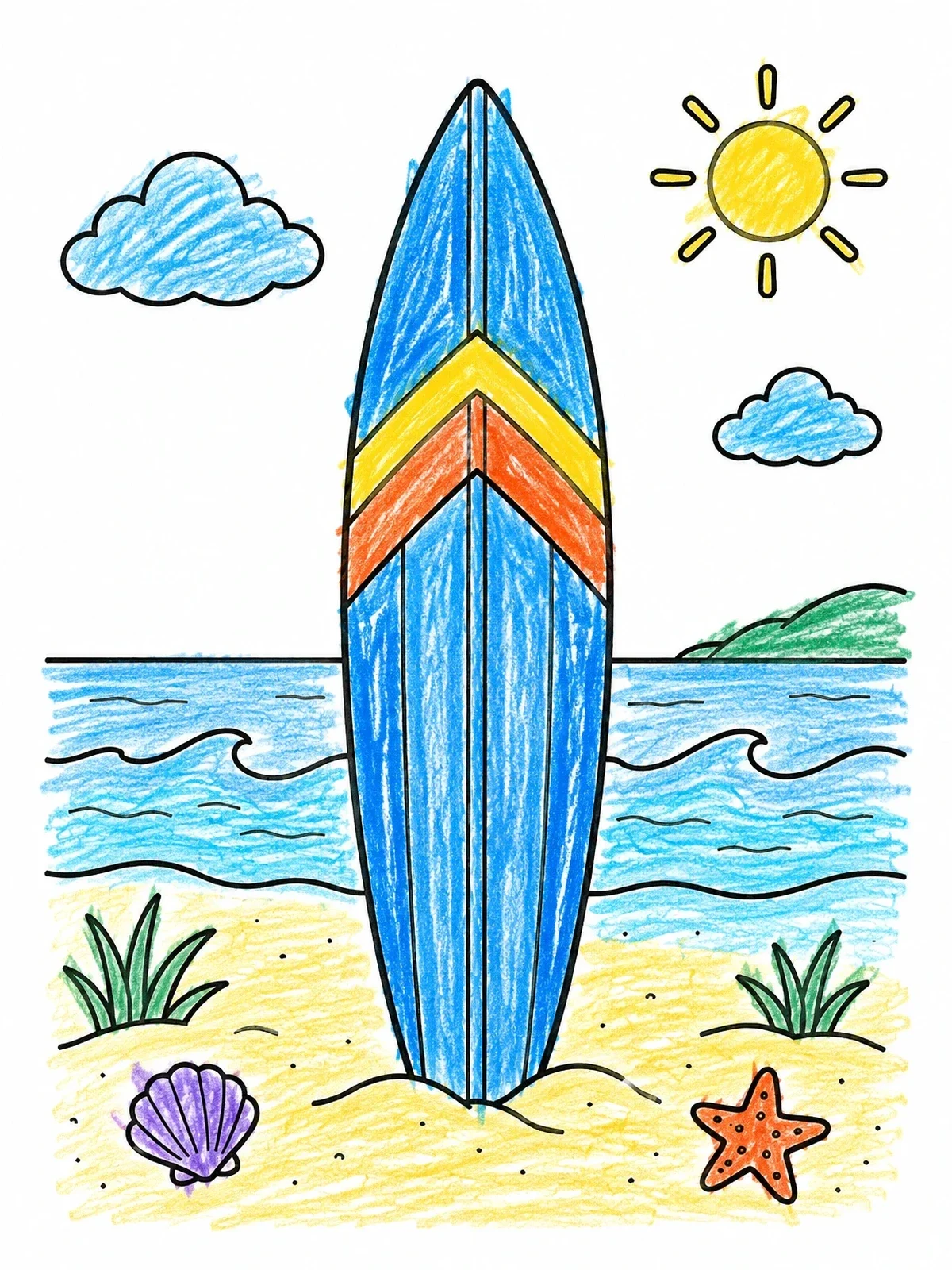 Colored example of the Surfboard On A Sunny Beach coloring page