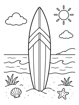 A surfboard stands in the sand in this hello summer coloring page.