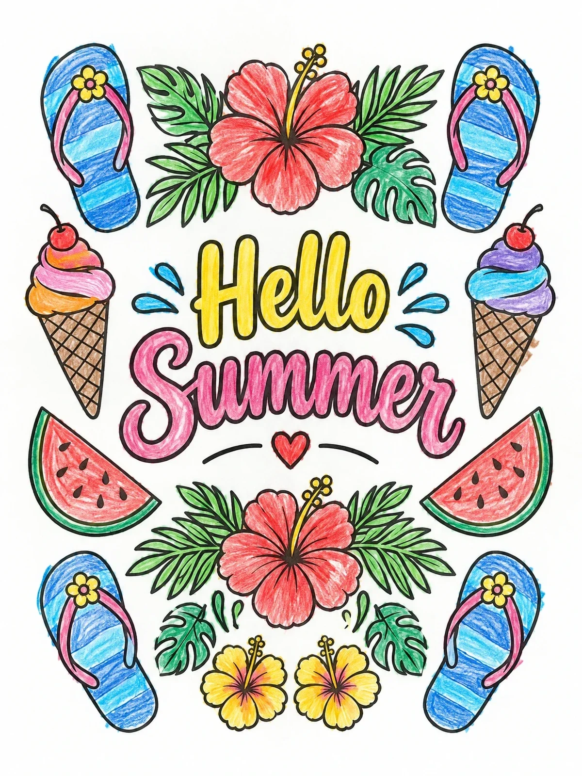Colored example of the Hello Summer Tropical Frame coloring page
