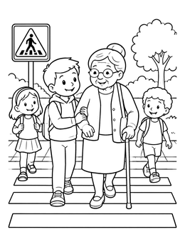 Free printable Helping Grandma Across The Crosswalk coloring page