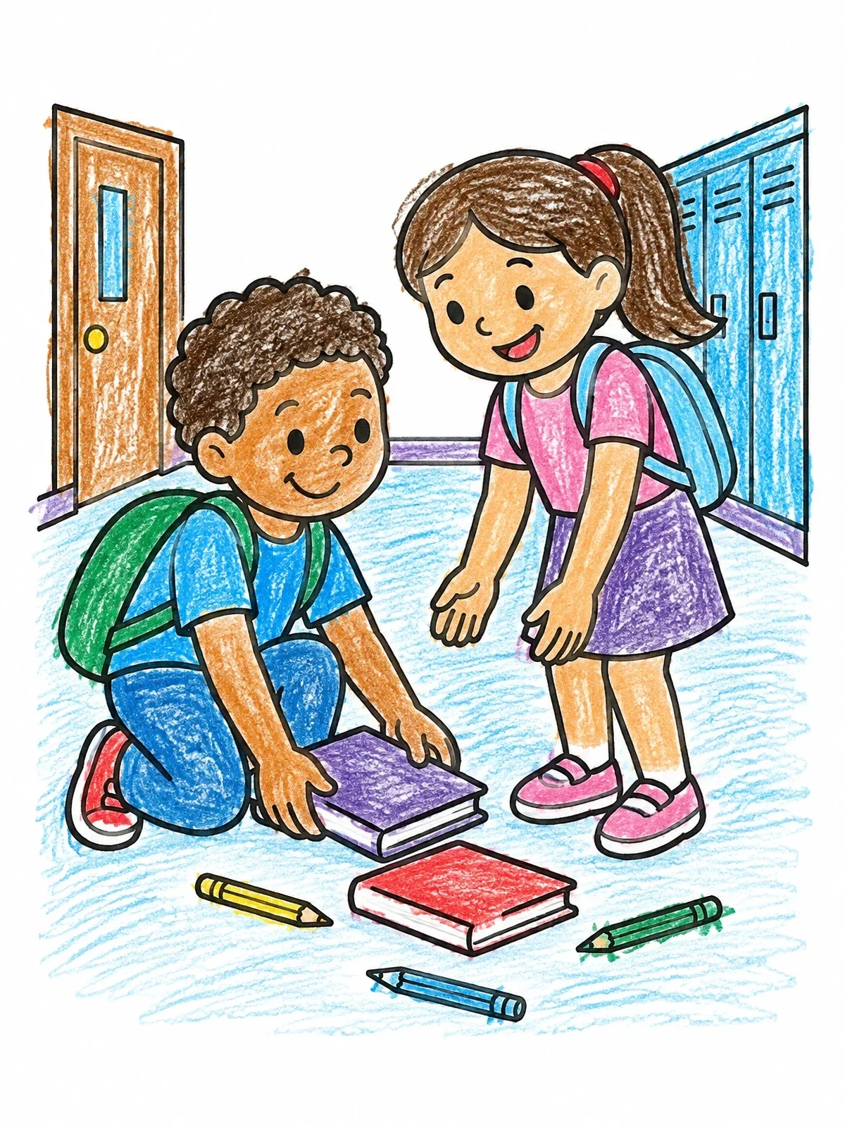 Colored example of the Helping A Friend Pick Up Books coloring page