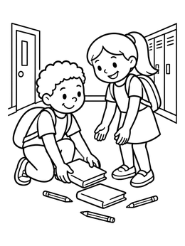 Free printable Helping A Friend Pick Up Books coloring page