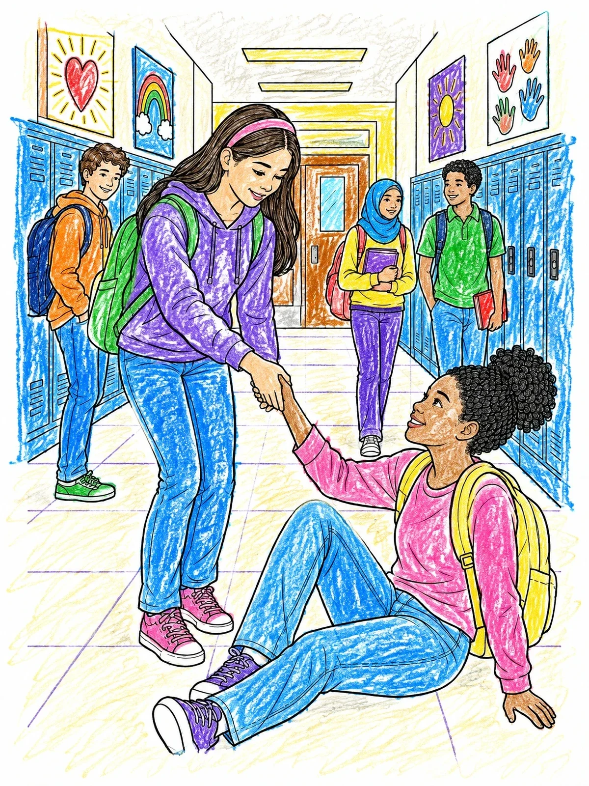 Colored example of the Helping A Friend In School Hallway coloring page