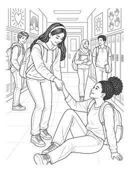A kind student assists another off the floor in this helping others coloring page.