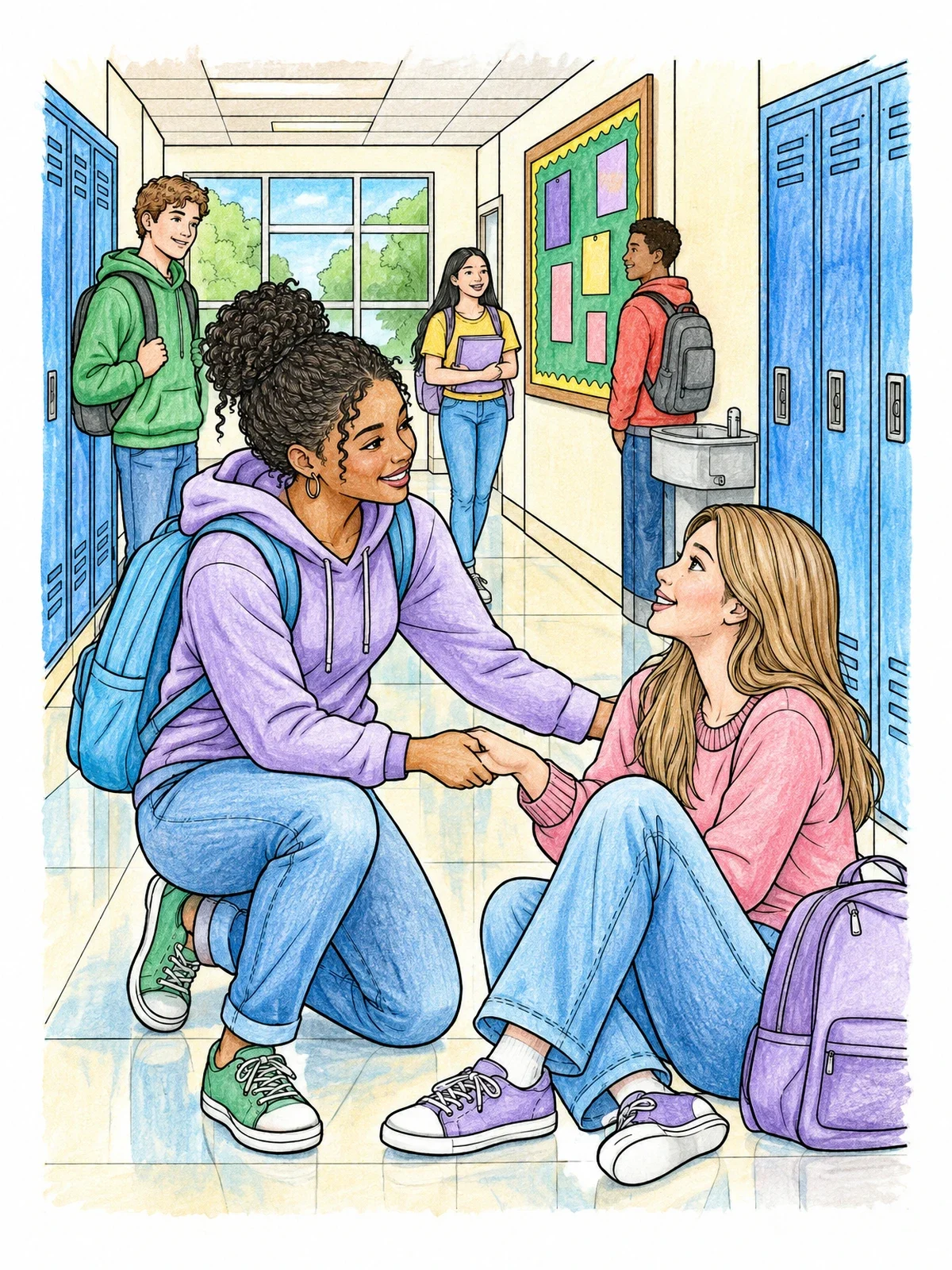 Colored example of the Helping Hand In The School Hallway coloring page