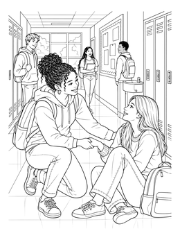 Free printable Helping Hand In The School Hallway coloring page