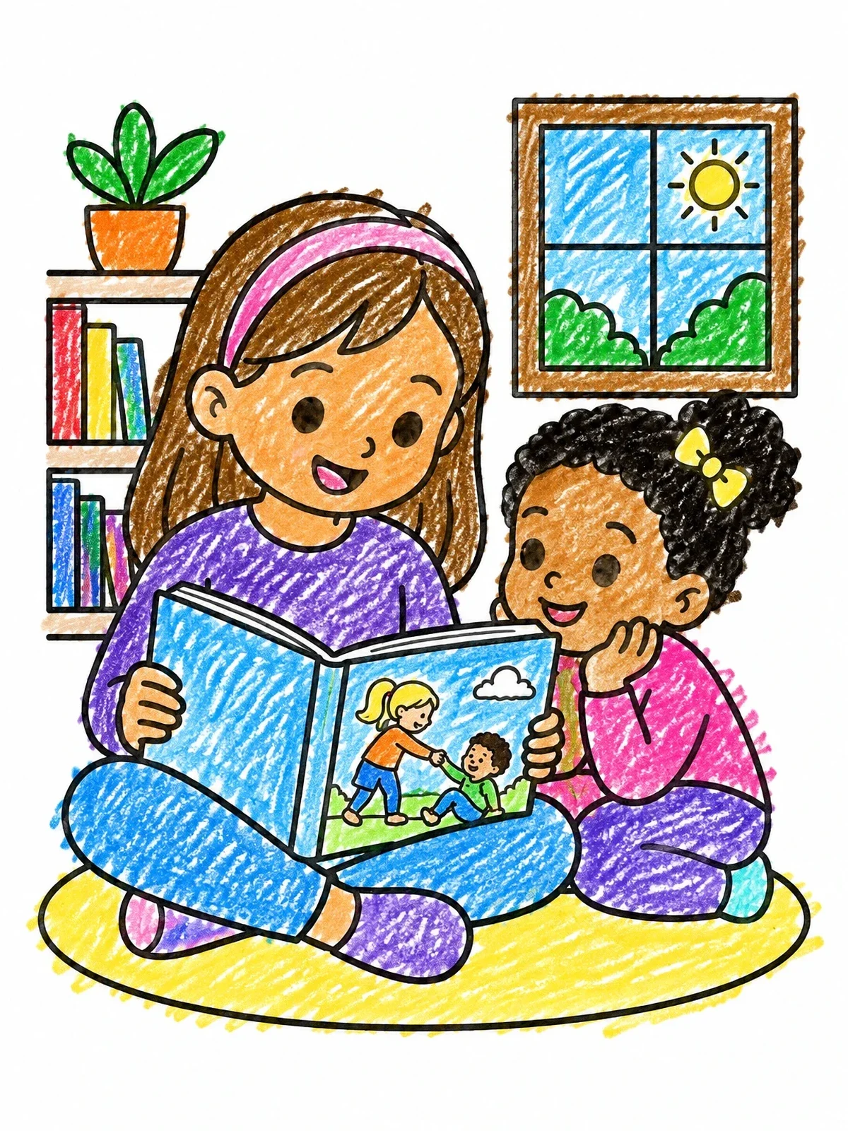 Colored example of the Big Sister Reading A Story coloring page
