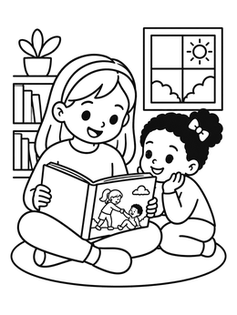 Free printable Big Sister Reading A Story coloring page