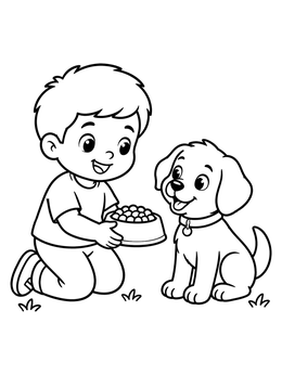 Free printable Boy Feeding A Happy Puppy coloring page
