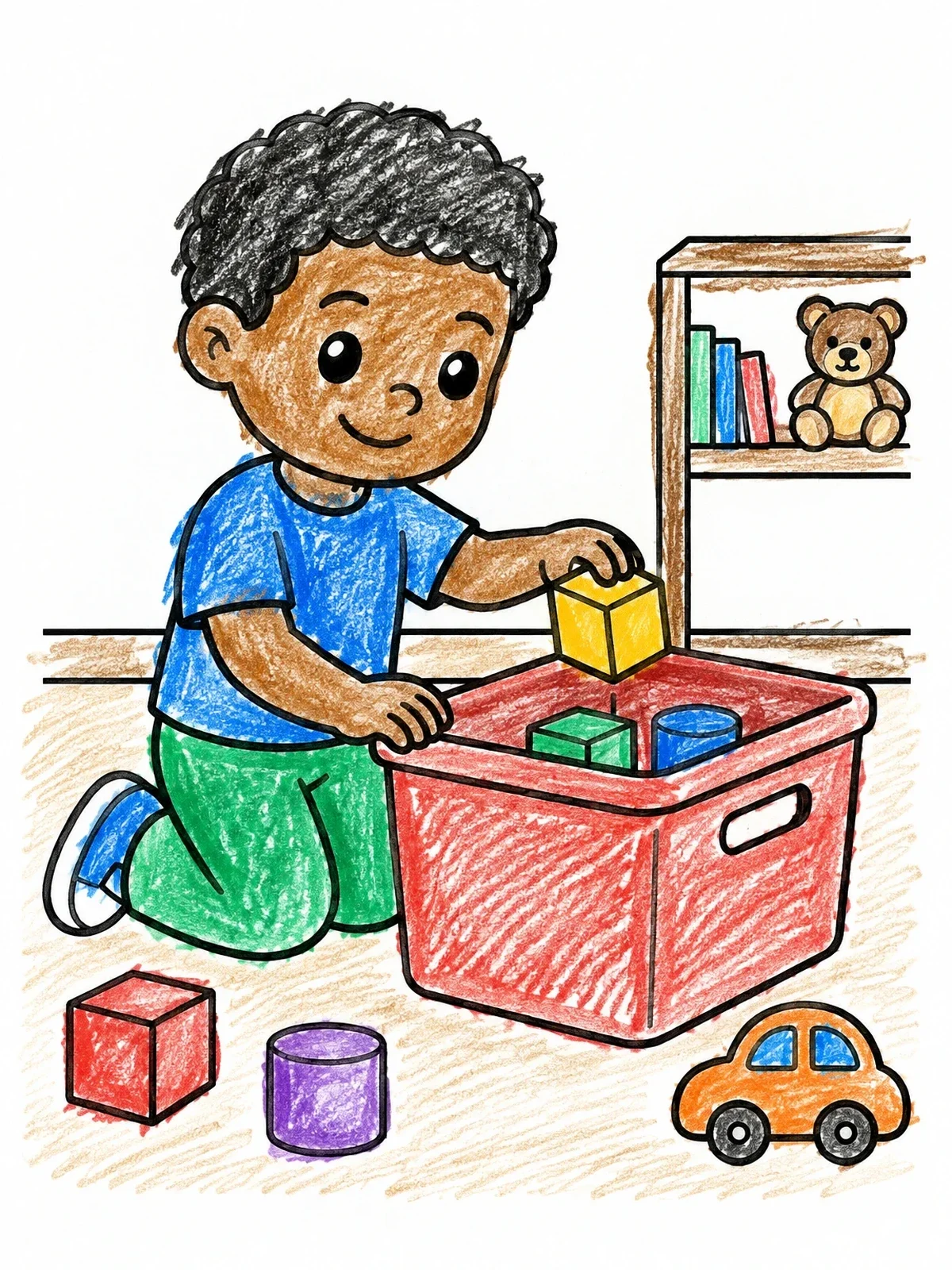 Colored example of the Boy Tidying Up Toys coloring page