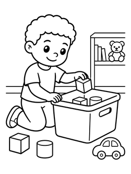 Free printable Boy Tidying Up Toys coloring page