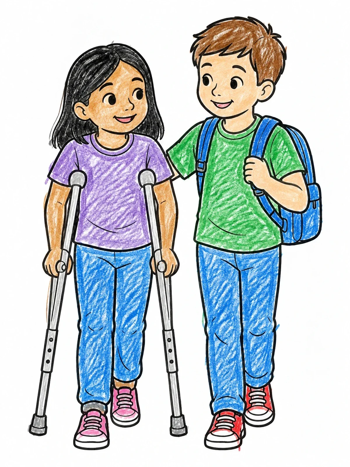 Colored example of the Boy Walking With Friend On Crutches coloring page
