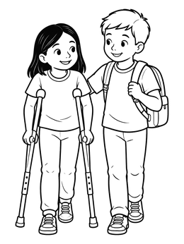 Free printable Boy Walking With Friend On Crutches coloring page