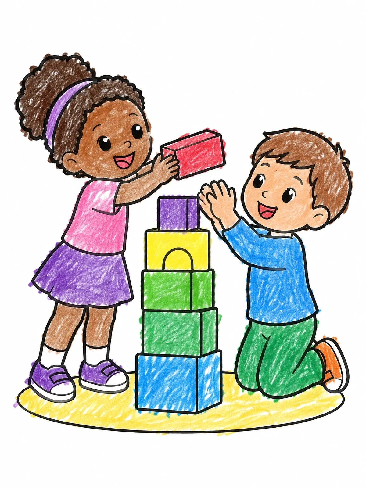 Colored example of the Children Building A Block Tower Together coloring page