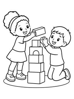 Free printable Children Building A Block Tower Together coloring page