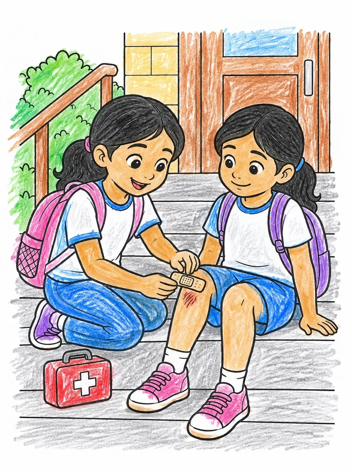 Colored example of the Girl Bandaging Her Friend's Knee coloring page