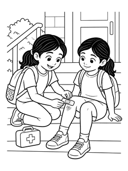 Free printable Girl Bandaging Her Friend's Knee coloring page