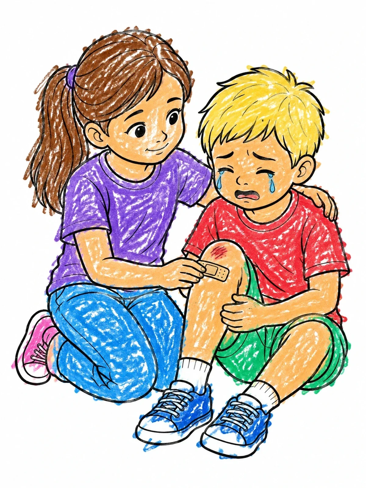 Colored example of the Girl Bandaging Crying Boy Knee coloring page