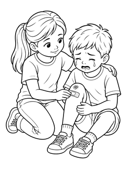 A caring girl applies a bandage to a boy's knee in this helping others coloring page.