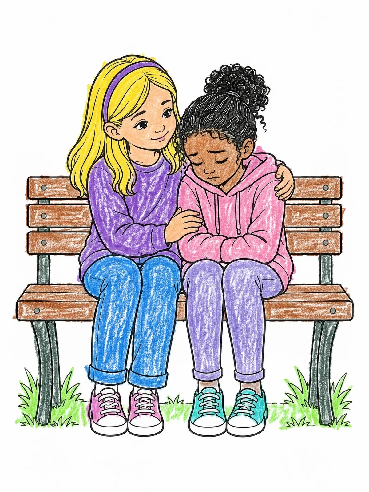 Colored example of the Girl Comforting Friend On A Bench coloring page