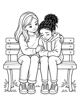 A kind helping others coloring page showing a girl comforting her sad friend on a wooden park bench.
