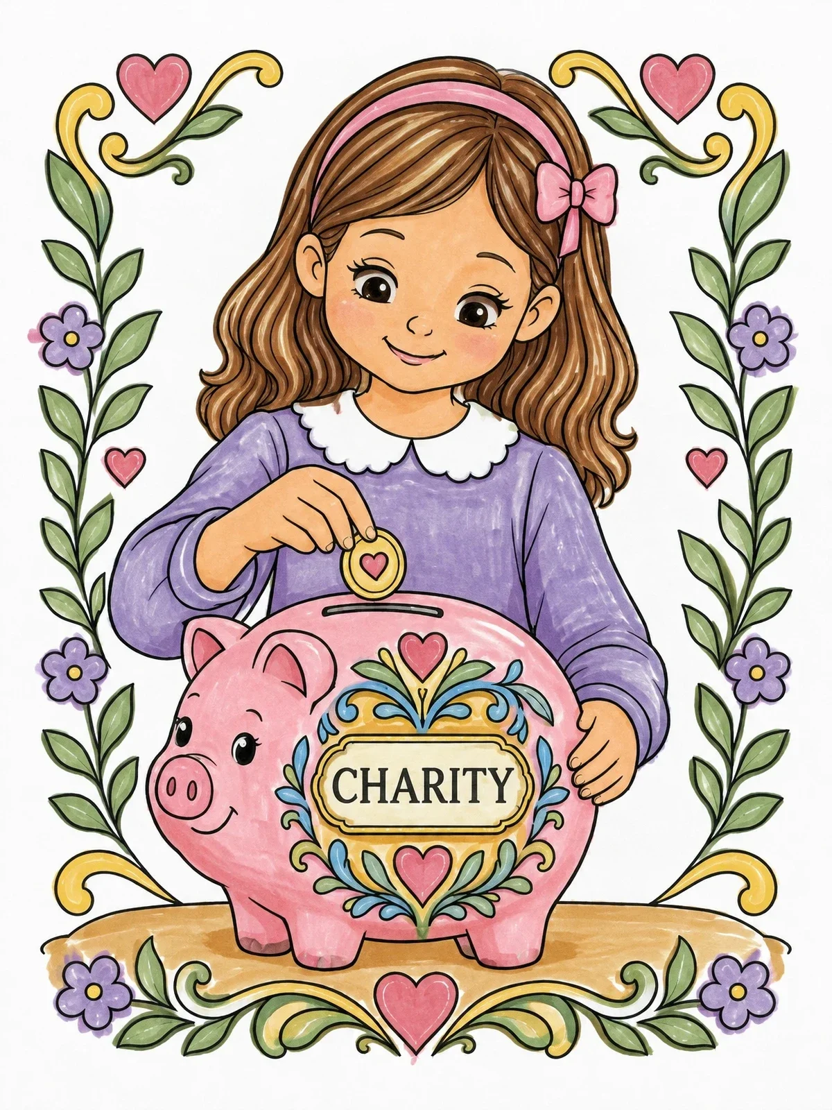 Colored example of the Little Girl Donating To Charity Piggy Bank coloring page