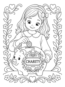 A helping others coloring page showing a smiling girl putting a heart coin into a charity piggy bank.