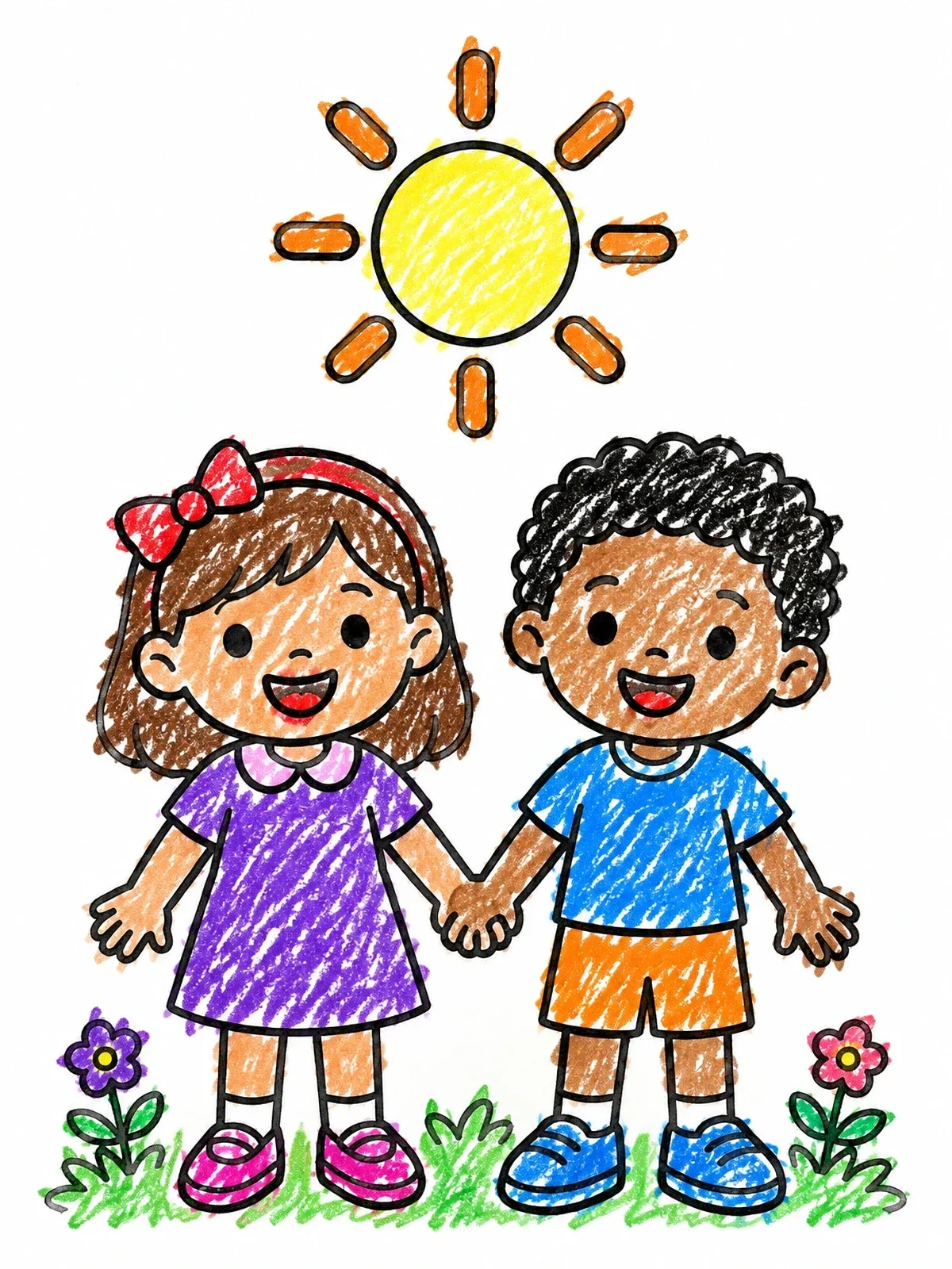Colored example of the Happy Children Holding Hands Outdoors coloring page