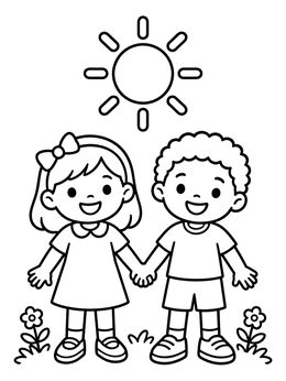 Free printable Happy Children Holding Hands Outdoors coloring page