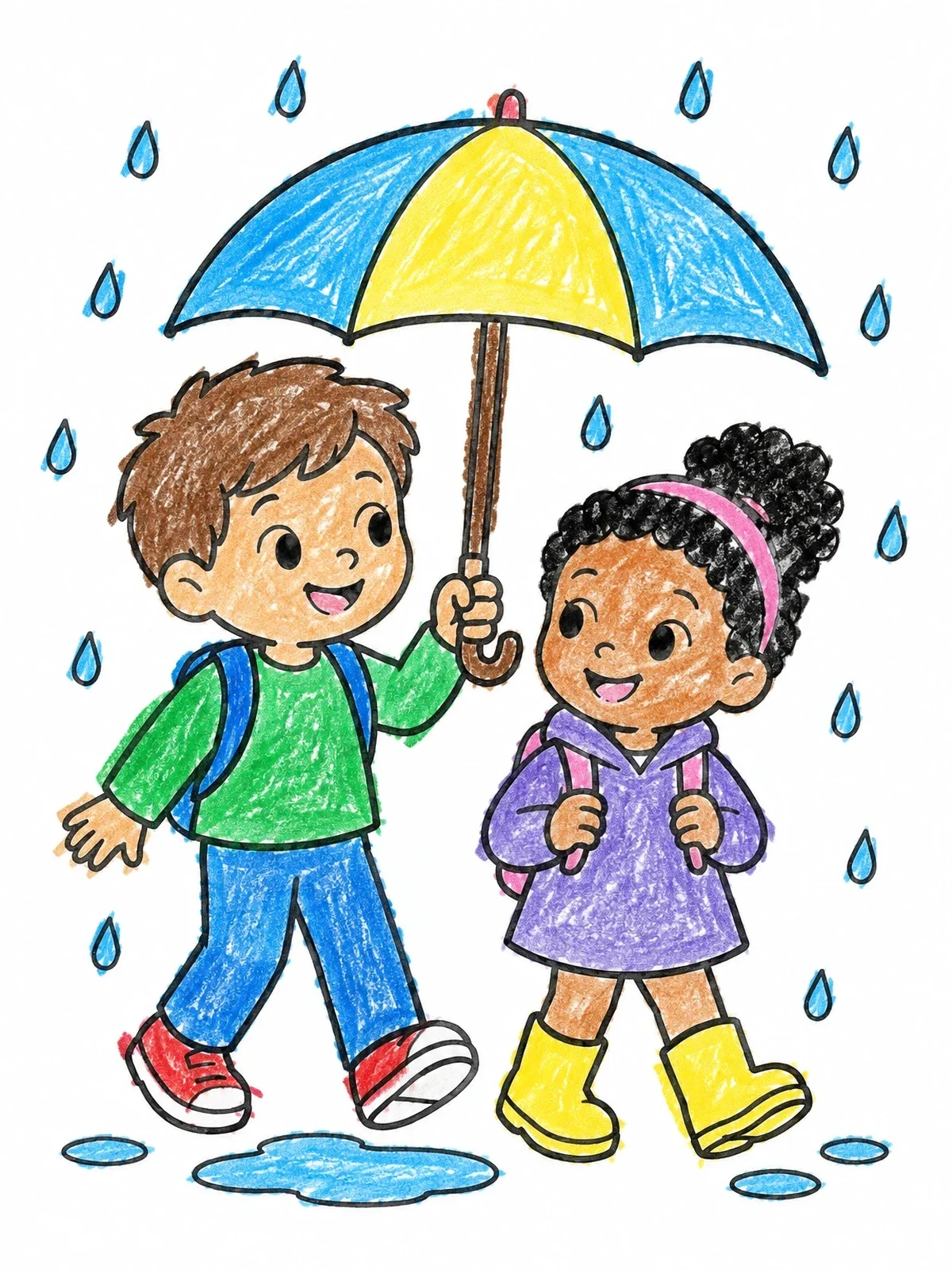 Colored example of the Sharing An Umbrella In The Rain coloring page