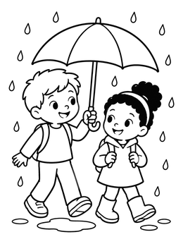 Two cheerful kids walk under an umbrella in this helping others coloring page.
