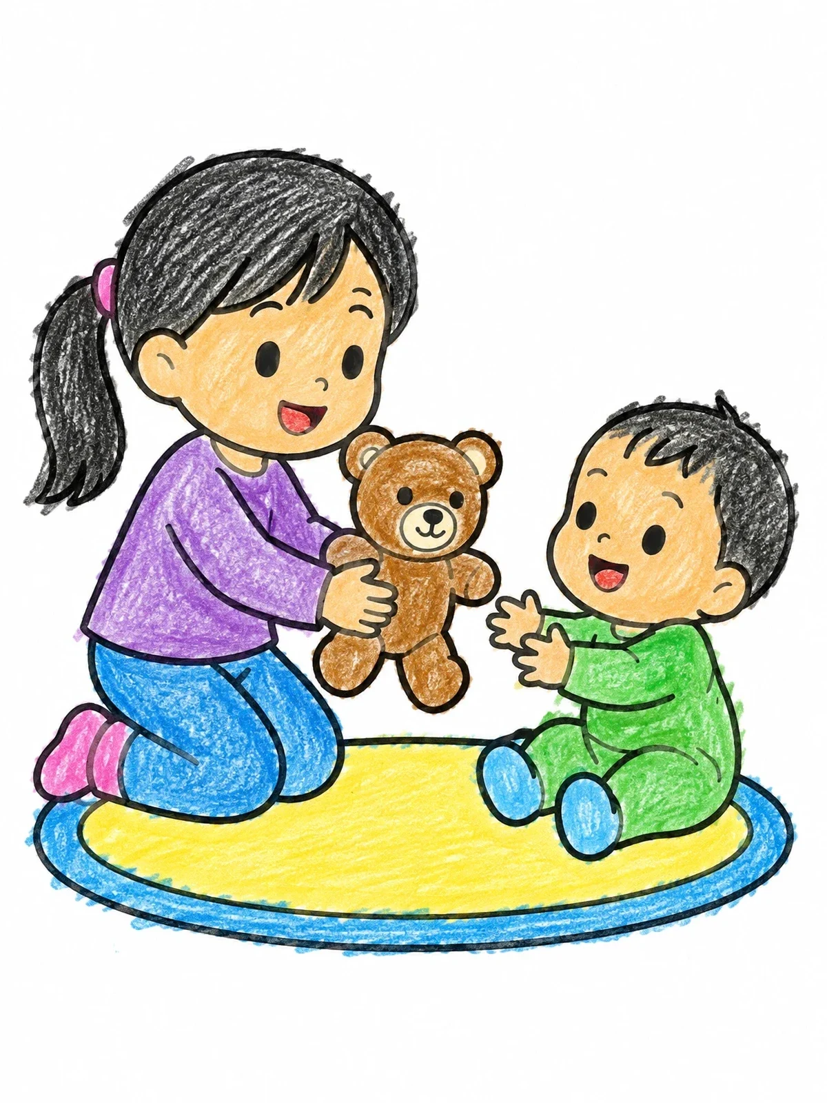 Colored example of the Sharing A Teddy Bear With Baby coloring page