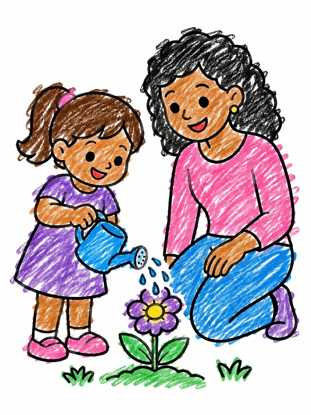Colored example of the Watering Garden Flowers With Mom coloring page